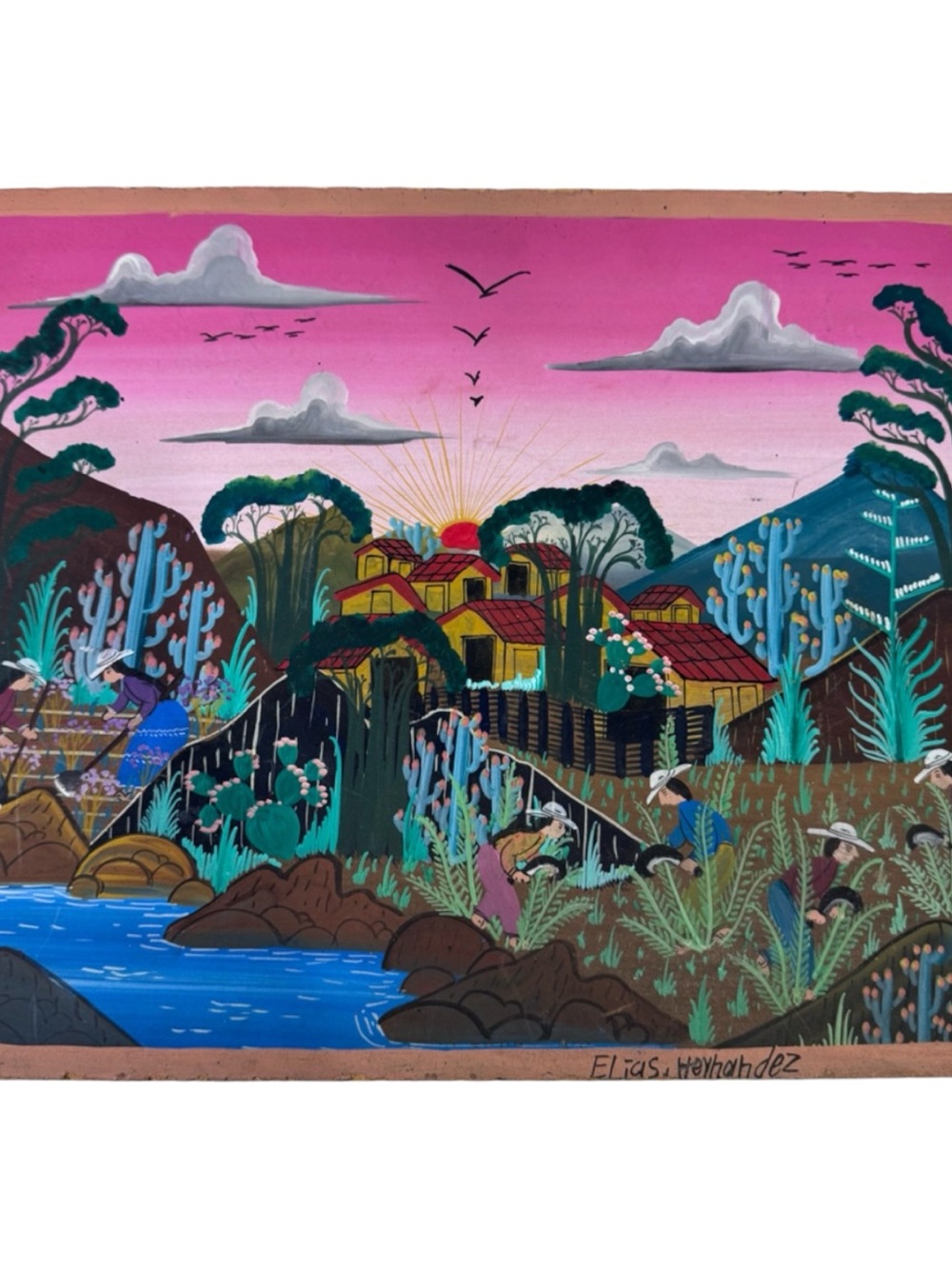 Signed Elias Hernandez Mexican Folk Art Painting on Masonite Landscape 10x12